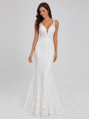 Elegant Deep V-Neck Plunging Lace Applique Mermaid Wedding Dress with Chapel Train
