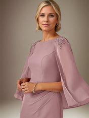 Mauve Sheath/Column Chiffon Bateau Neck Cape Sleeves Knee Length Dress