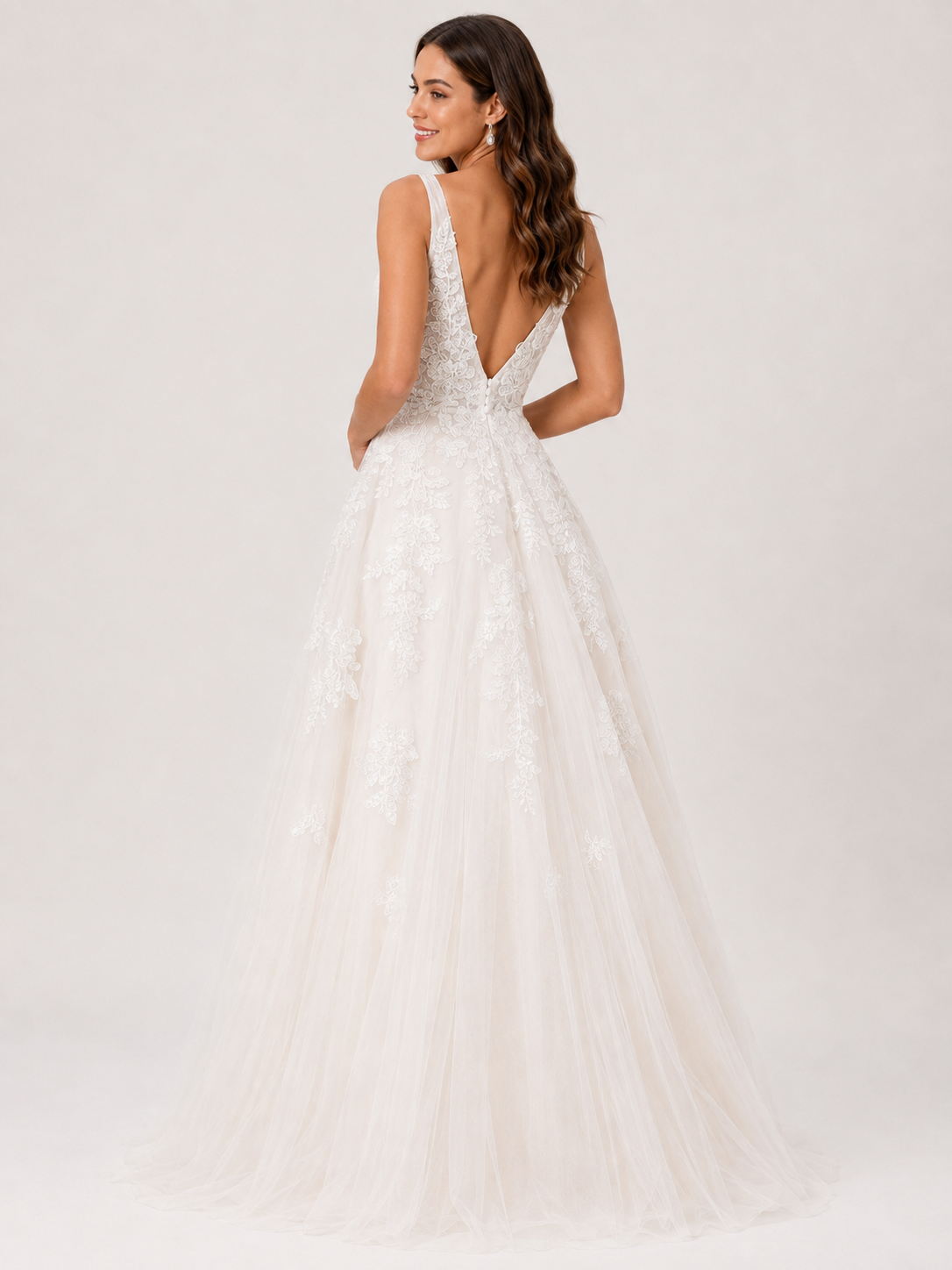 Elegant V-Neck Lace Applique Tulle A-Line Wedding Dress with Sweep Train