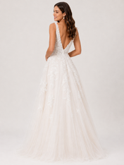 Elegant V-Neck Lace Applique Tulle A-Line Wedding Dress with Sweep Train
