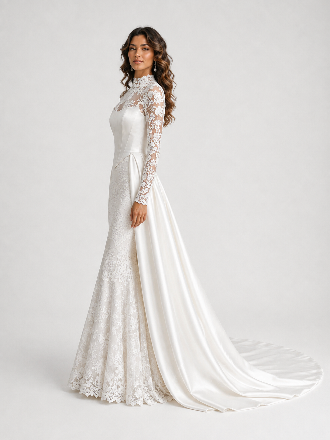 Elegant Lace Applique High Neck Mermaid Wedding Dress with Detachable Train