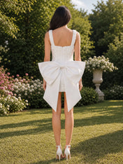 Square-Neck Mini Sheath Dress with Statement Back Bow Wedding Dress
