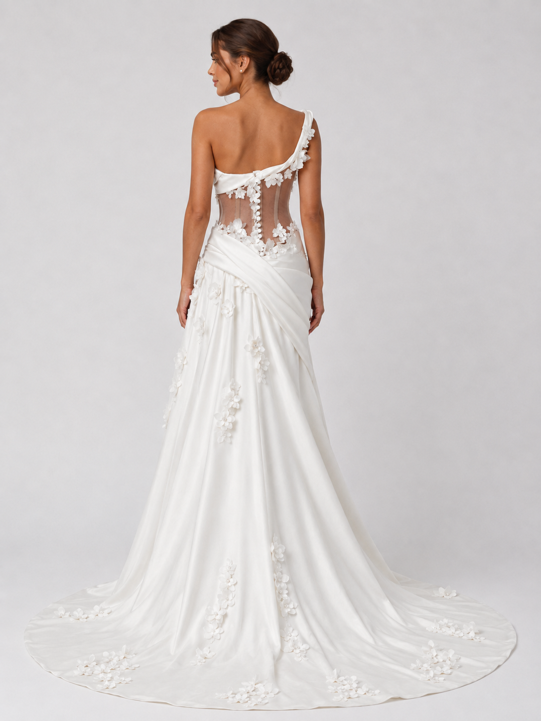 3D Floral Applique Satin Sheath Wedding Dress with Sweep Train