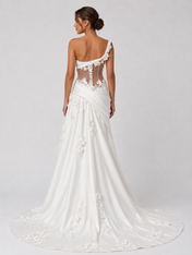 3D Floral Applique Satin Sheath Wedding Dress with Sweep Train