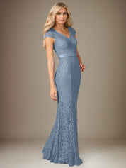 Dusty Blue Chiffon V-Neck Short Sleeves Floor Length Dress With Appliques