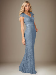 Dusty Blue Chiffon V-Neck Short Sleeves Floor Length Dress With Appliques