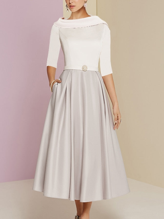 Princess Jewel Neck Half Sleeve Tea Length Mother of the Bride Dresses with Pockets Pleats