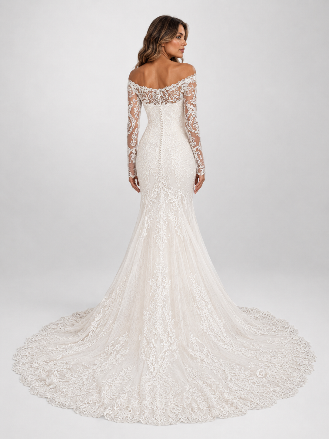 Elegant Off-the-Shoulder Long Sleeve Lace Appliqué Mermaid Wedding Dress with Chapel Train