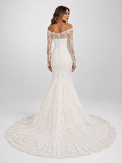 Elegant Off-the-Shoulder Long Sleeve Lace Appliqué Mermaid Wedding Dress with Chapel Train