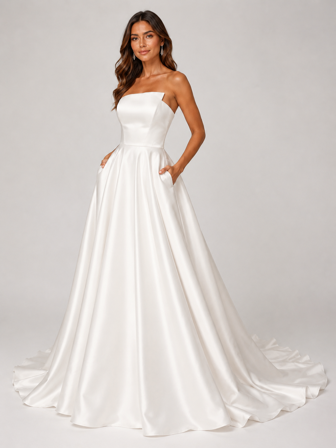 Elegant Strapless Straight-Neck Satin A-Line Wedding Dress with Pockets and Chapel Train