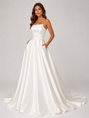 Elegant Strapless Straight-Neck Satin A-Line Wedding Dress with Pockets and Chapel Train