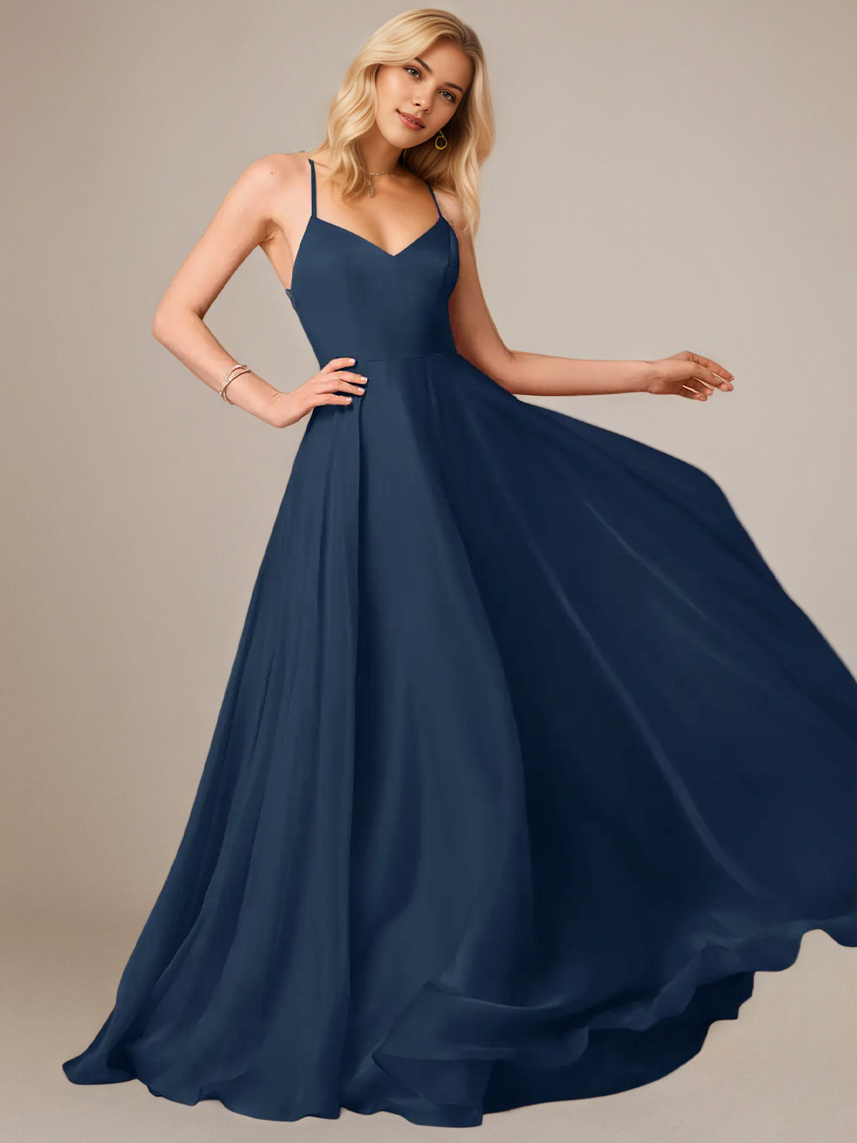 Navy A Line Satin Spaghetti Straps Sleeveless Floor Length Dresses