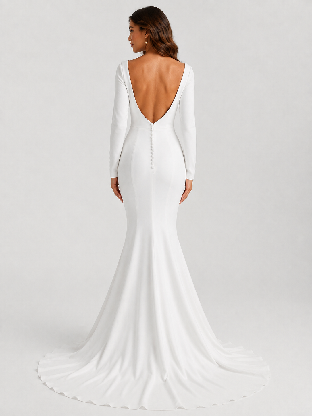 Elegant Long-Sleeve Square-Neck Open-Back Satin Mermaid Wedding Dress with Chapel Train