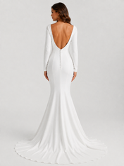 Elegant Long-Sleeve Square-Neck Open-Back Satin Mermaid Wedding Dress with Chapel Train