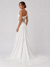 3D Floral Applique Satin Sheath Wedding Dress with Sweep Train