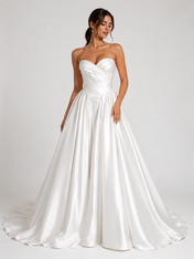 Elegant Strapless Ruched Satin A-Line Wedding Dress with Chapel Train