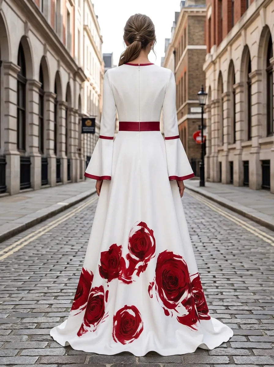 White and Red Rose Print Long-Sleeve A-Line Evening Dress