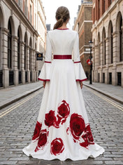 White and Red Rose Print Long-Sleeve A-Line Evening Dress