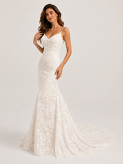 Elegant Spaghetti Strap Floral Lace Sheath Wedding Dress with Sweep Train