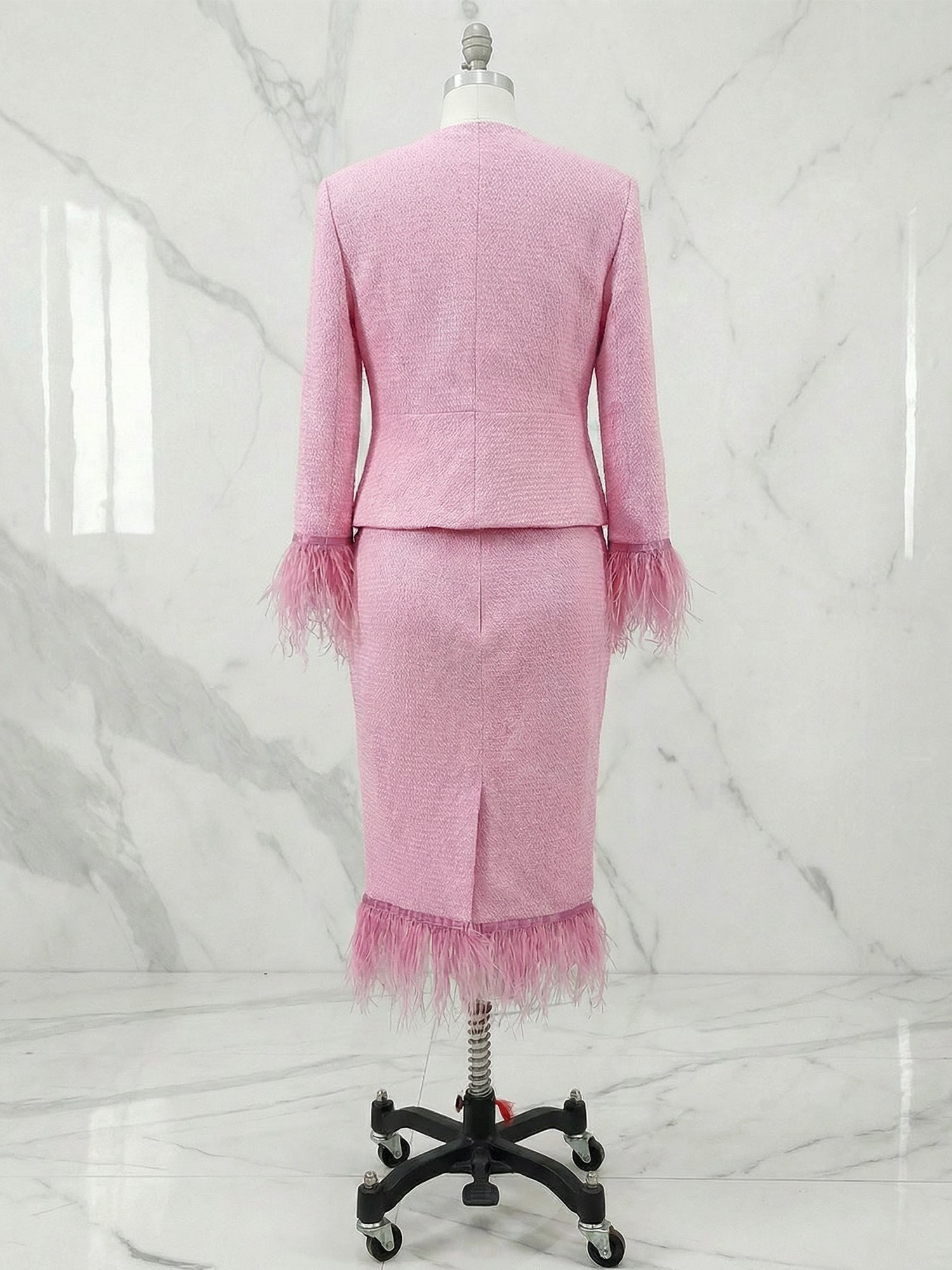 Women Tweed Rose Red Feather-trimmed Buckle Crew Neck Three Quarter Sleeve Dressy Coat With Skirt Two-Piece Set