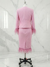 Women Tweed Rose Red Feather-trimmed Buckle Crew Neck Three Quarter Sleeve Dressy Coat With Skirt Two-Piece Set