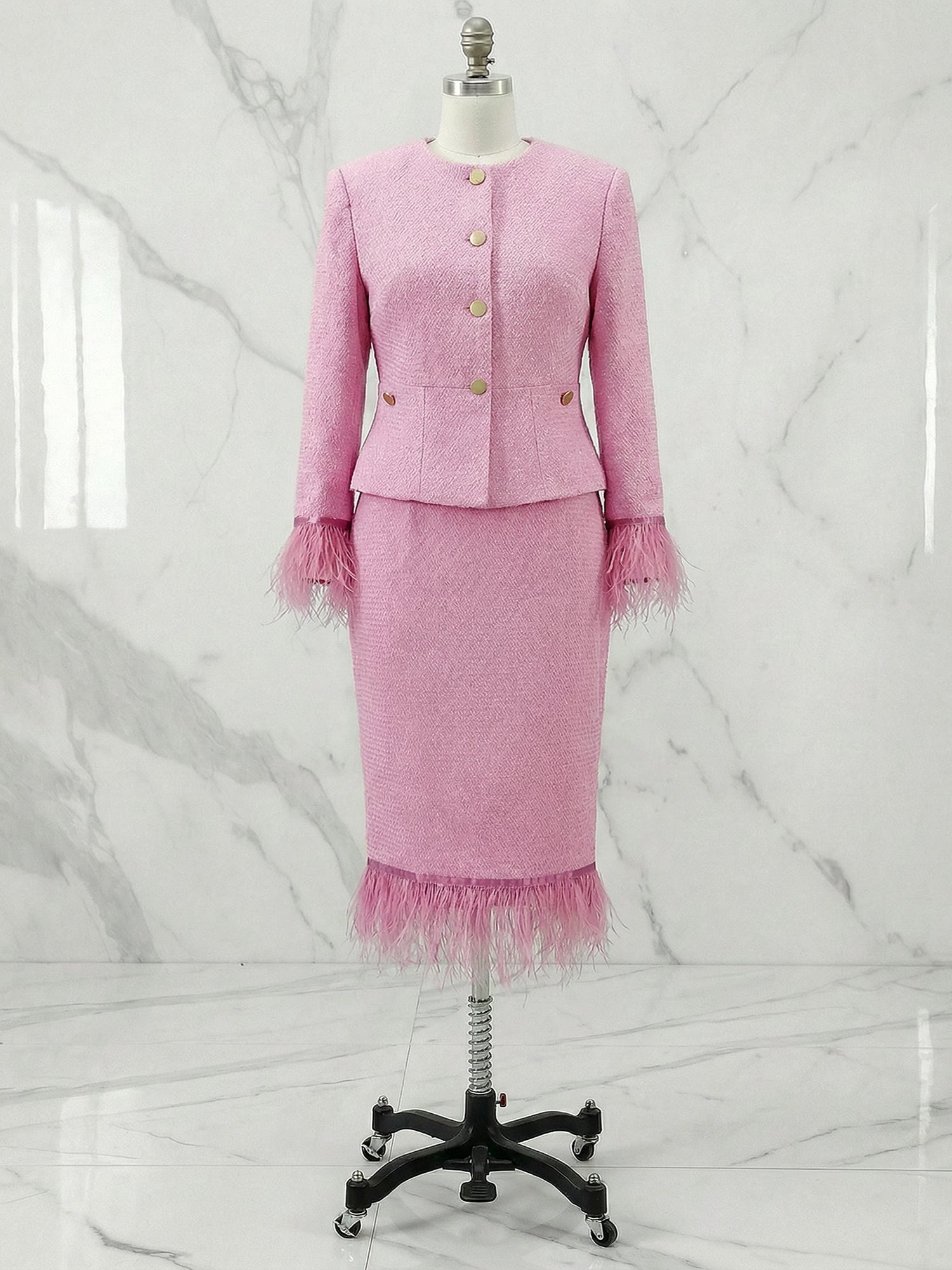 Women Tweed Rose Red Feather-trimmed Buckle Crew Neck Three Quarter Sleeve Dressy Coat With Skirt Two-Piece Set