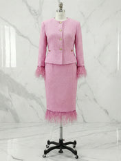 Women Tweed Rose Red Feather-trimmed Buckle Crew Neck Three Quarter Sleeve Dressy Coat With Skirt Two-Piece Set