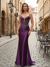 Purple Mermaid Spaghetti Straps Satin Long Corset Appliqued Prom Dress