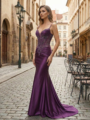 Purple Mermaid Spaghetti Straps Satin Long Corset Appliqued Prom Dress