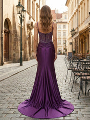 Purple Mermaid Spaghetti Straps Satin Long Corset Appliqued Prom Dress