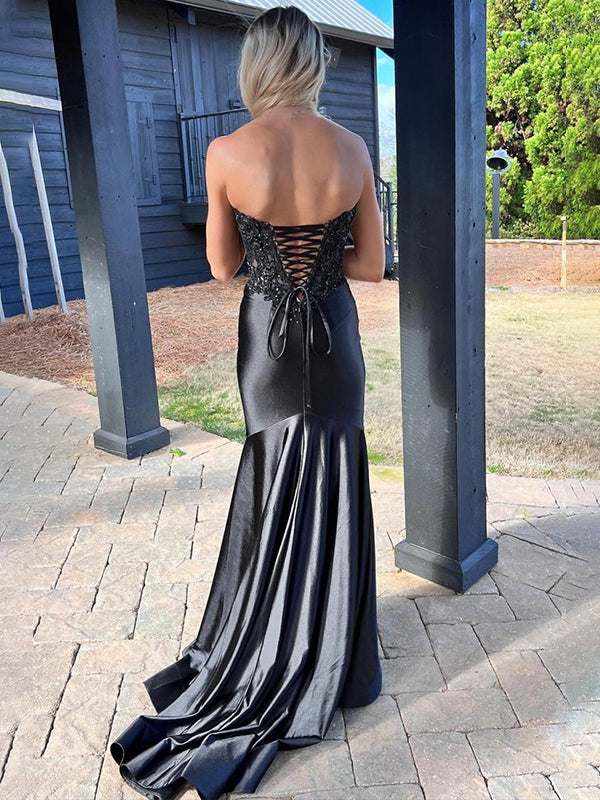 Navy Mermaid Sweetheart Lace Satin Long Prom Dress with Slit