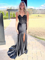 Navy Mermaid Sweetheart Lace Satin Long Prom Dress with Slit