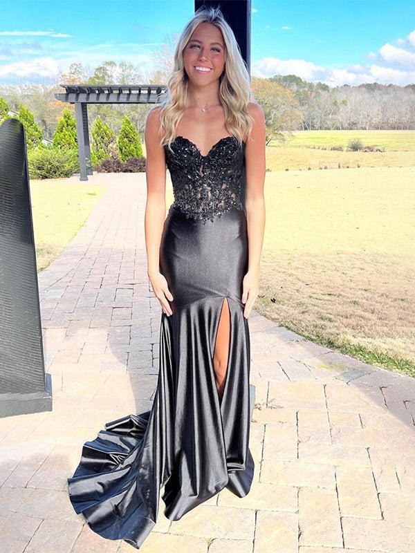 Navy Mermaid Sweetheart Lace Satin Long Prom Dress with Slit