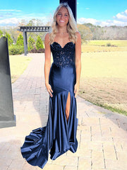 Navy Mermaid Sweetheart Lace Satin Long Prom Dress with Slit