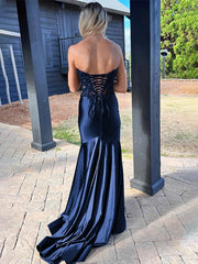 Navy Mermaid Sweetheart Lace Satin Long Prom Dress with Slit