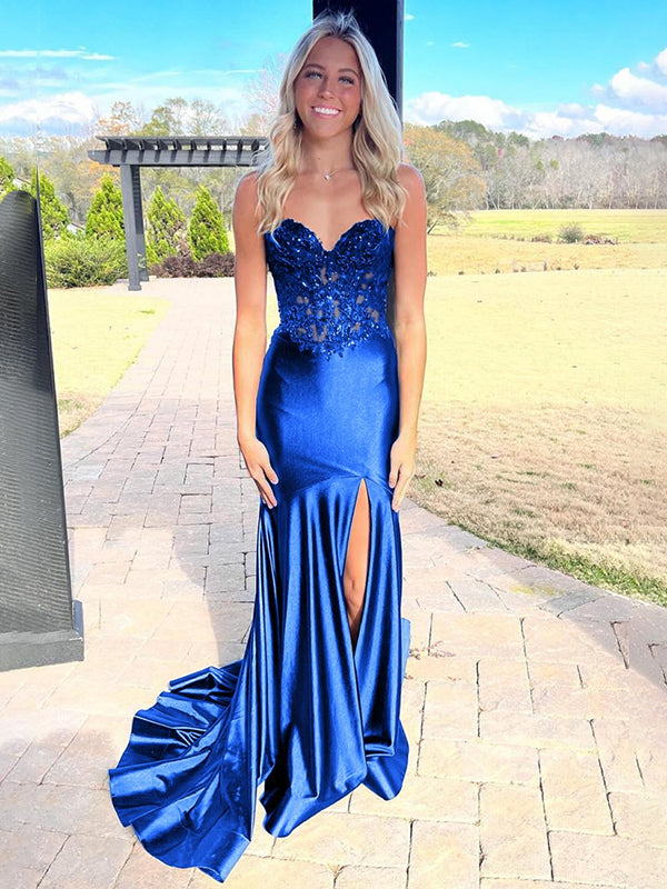 Navy Mermaid Sweetheart Lace Satin Long Prom Dress with Slit