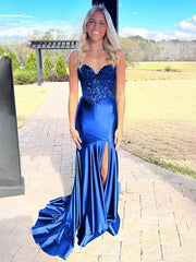 Navy Mermaid Sweetheart Lace Satin Long Prom Dress with Slit