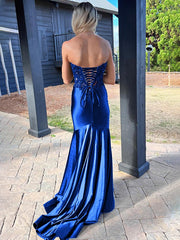 Navy Mermaid Sweetheart Lace Satin Long Prom Dress with Slit