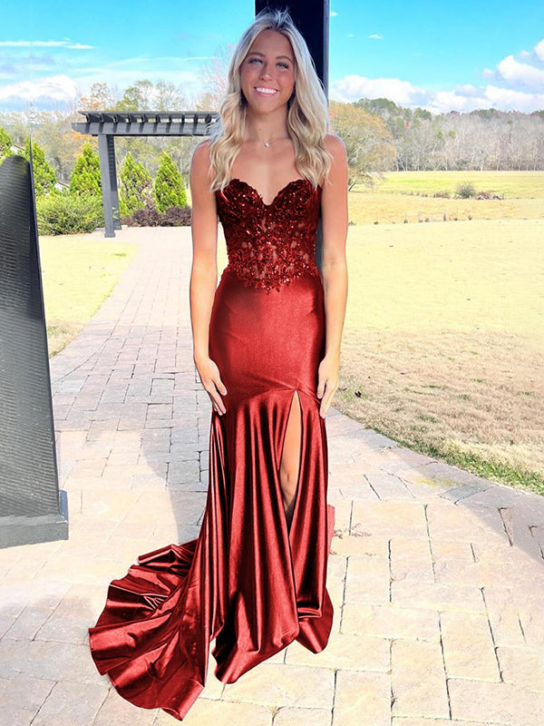 Navy Mermaid Sweetheart Lace Satin Long Prom Dress with Slit