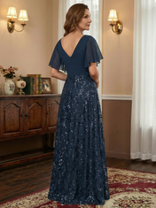 A-line V-Neck Floor-Length Lace Sequin Chiffon Mother of the Bride Dress With Pleated