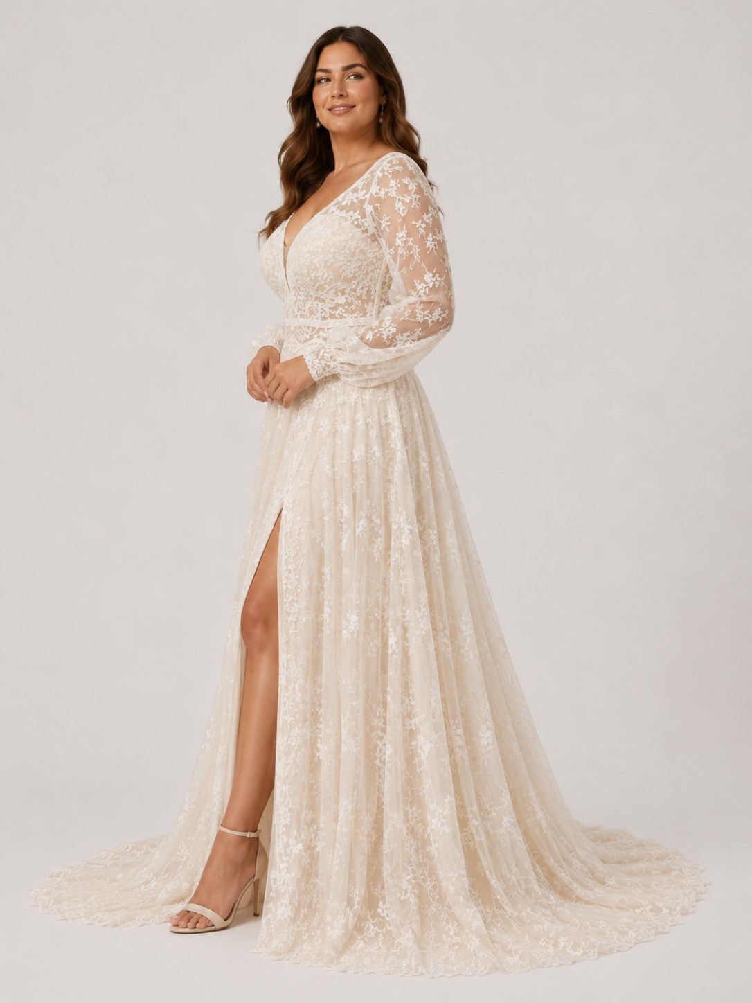 Elegant A-Line Long-Sleeve Lace Wedding Dress with High Slit and Sweep Train