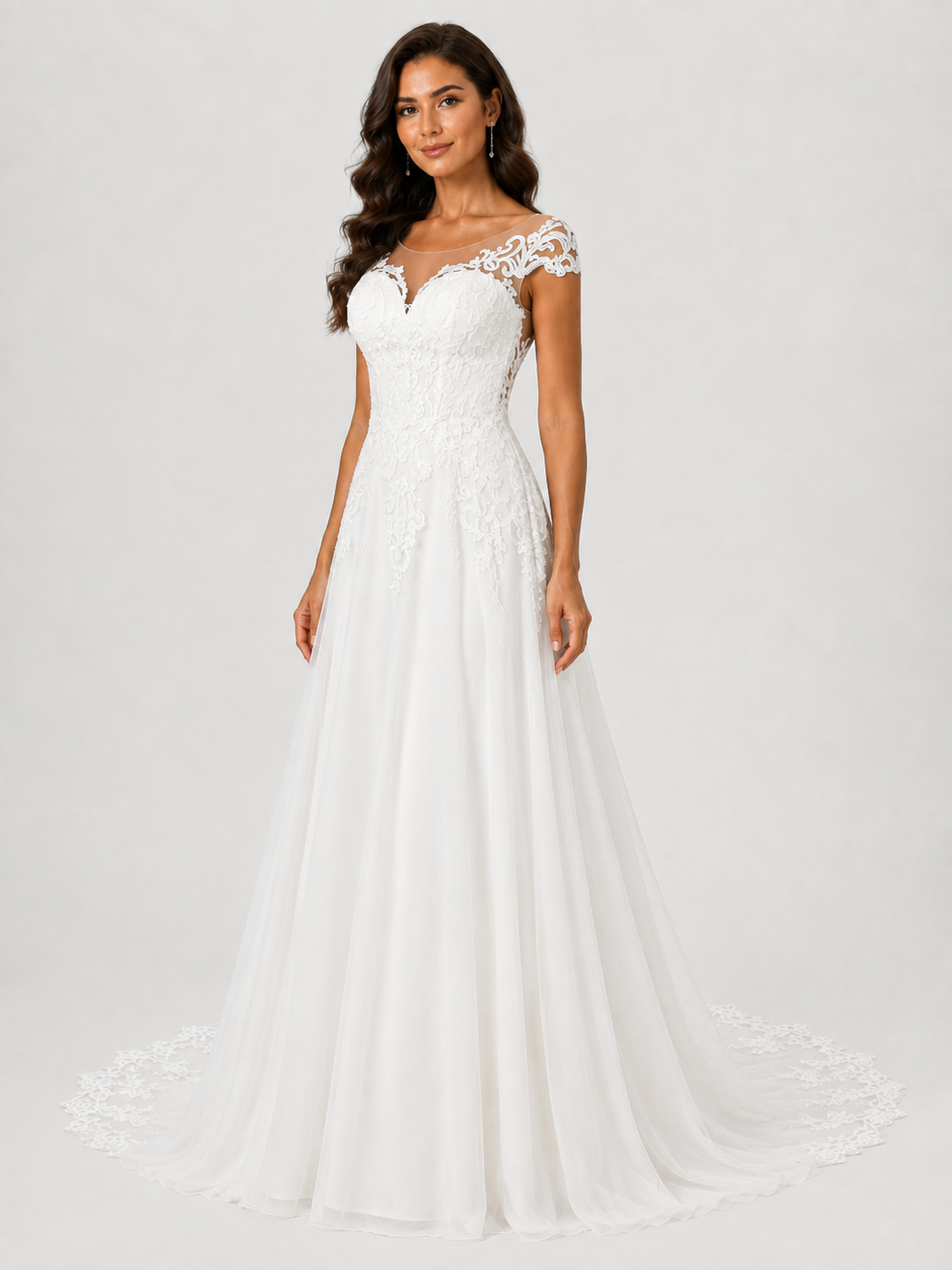 Elegant Illusion Scoop Neck Lace Applique Tulle A-Line Wedding Dress with Chapel Train