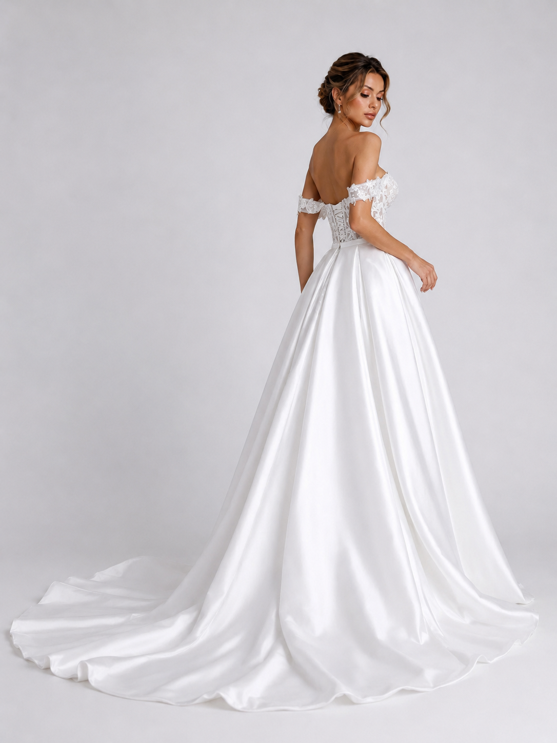 Elegant Off-the-Shoulder Lace Bodice Satin A-Line Wedding Dress with Chapel Train
