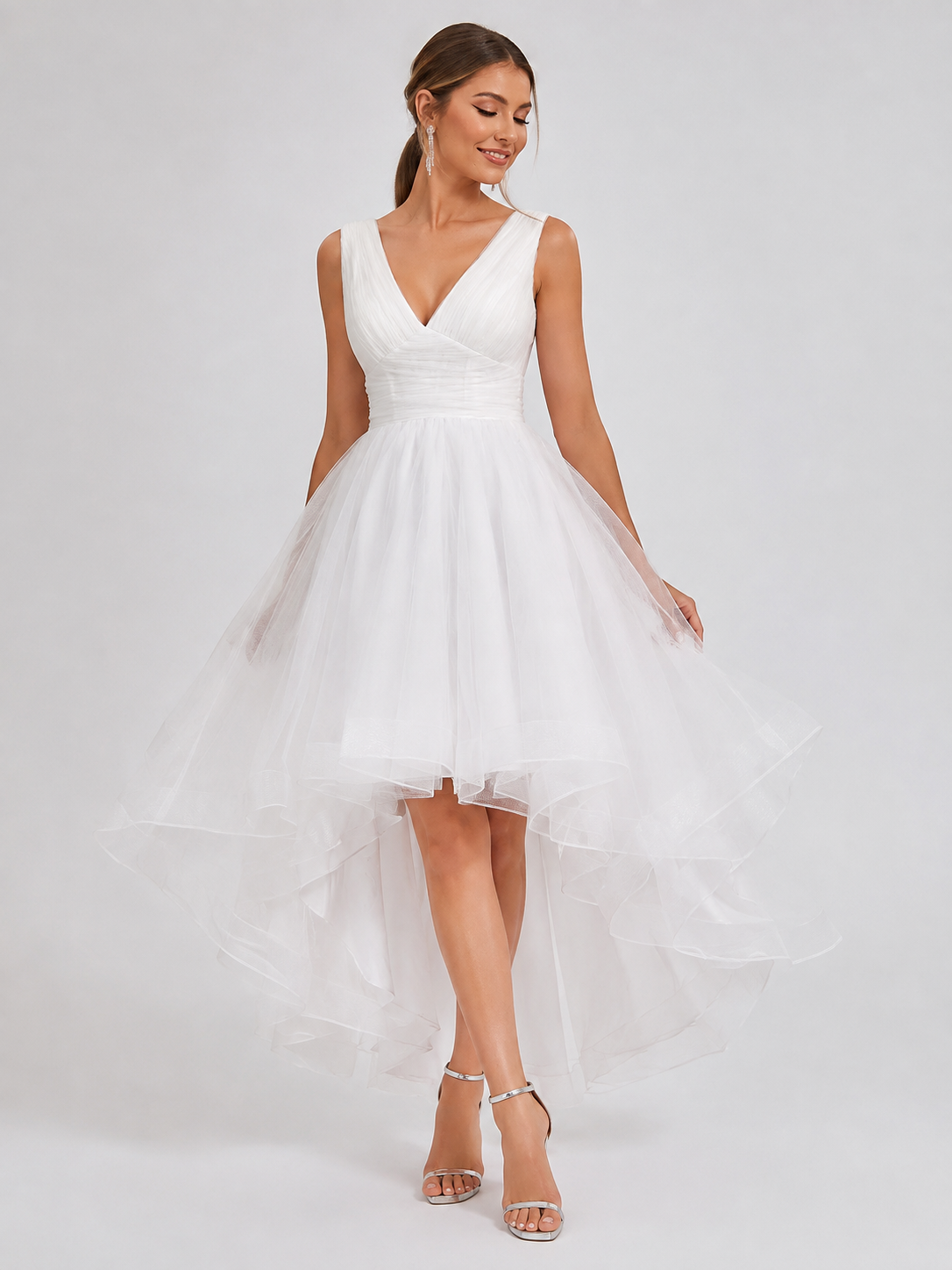 Elegant V-Neck Pleated Tulle High-Low Wedding Dress with Flowing Asymmetrical Skirt