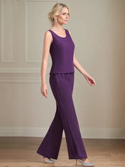 Chiffon Scoop Neck Long Sleeves Floor Length Mother Of The Bride Pantsuits