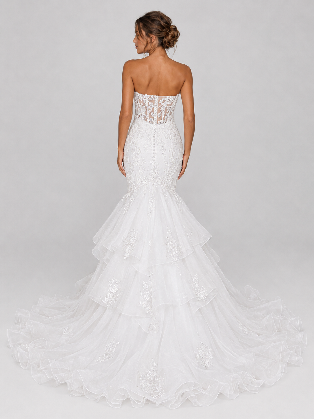 Elegant Strapless Sweetheart Lace Mermaid Wedding Dress with Layered Ruffle Train