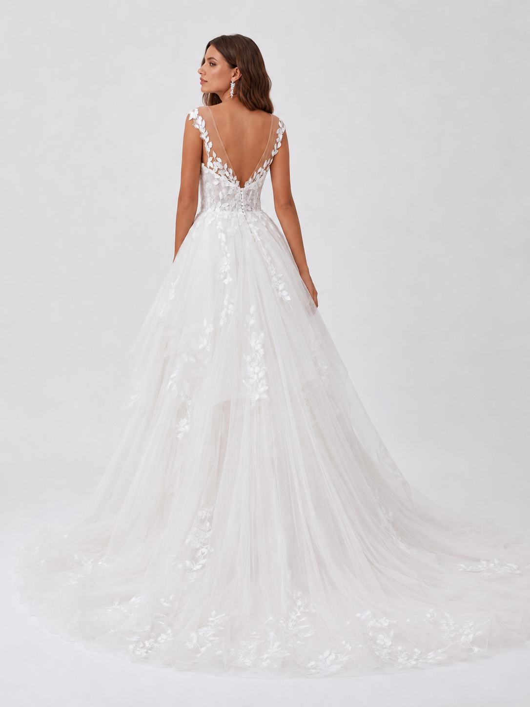 Elegant V-Neck Lace Applique Tulle A-Line Wedding Dress with Sweep Train