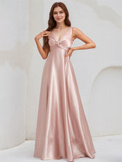 Dusty Rose Satin A Line V Neck Sleeveless Floor Length Bridesmaid Dress