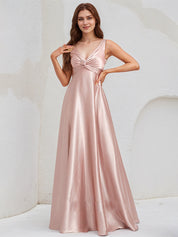 Dusty Rose Satin A Line V Neck Sleeveless Floor Length Bridesmaid Dress