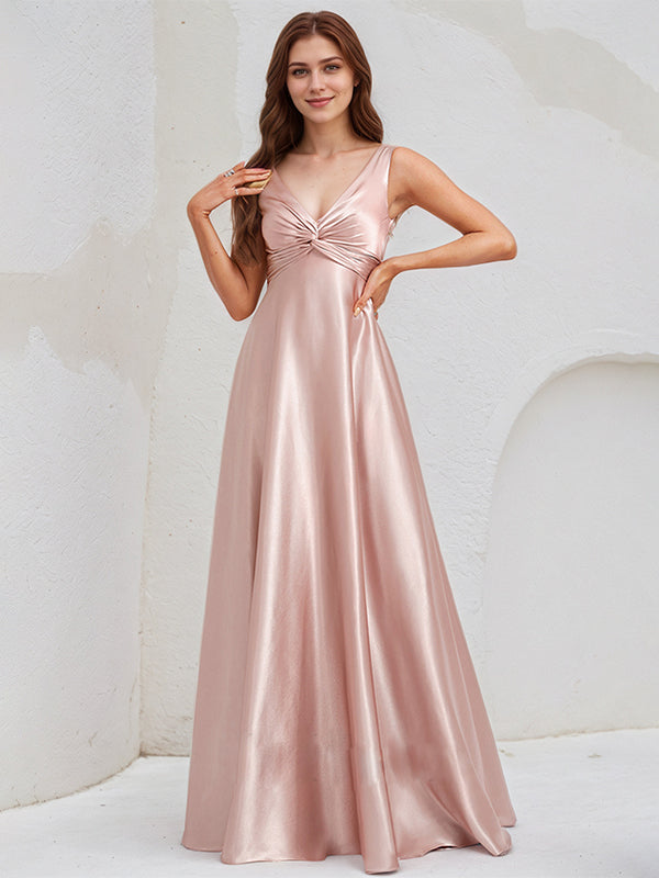 Dusty Rose Satin A Line V Neck Sleeveless Floor Length Bridesmaid Dress